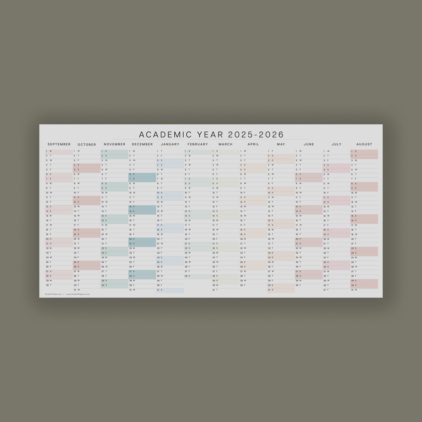 2025 - 2026 Compact Academic Year Wall Planner, Pastel Colours