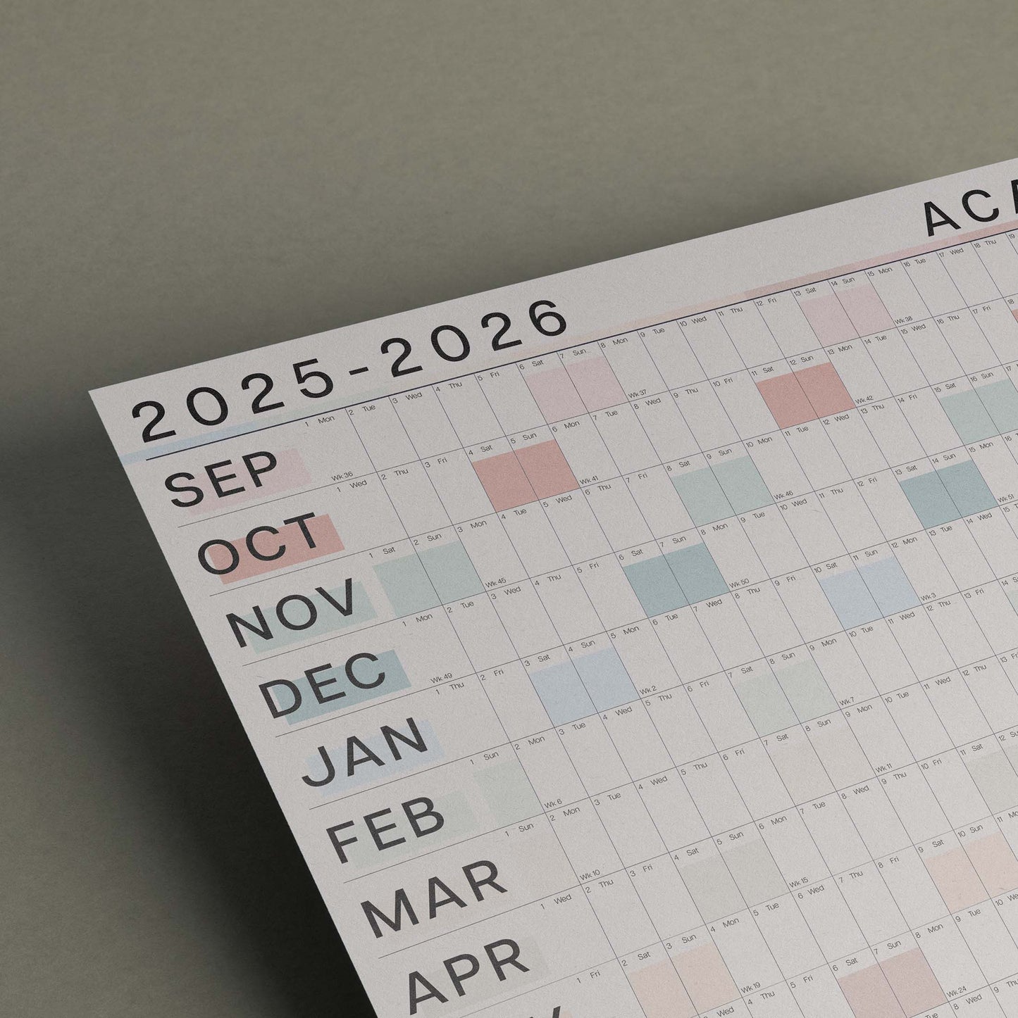 2025 - 2026 Large Academic Year Wall Planner, Pastel Colours