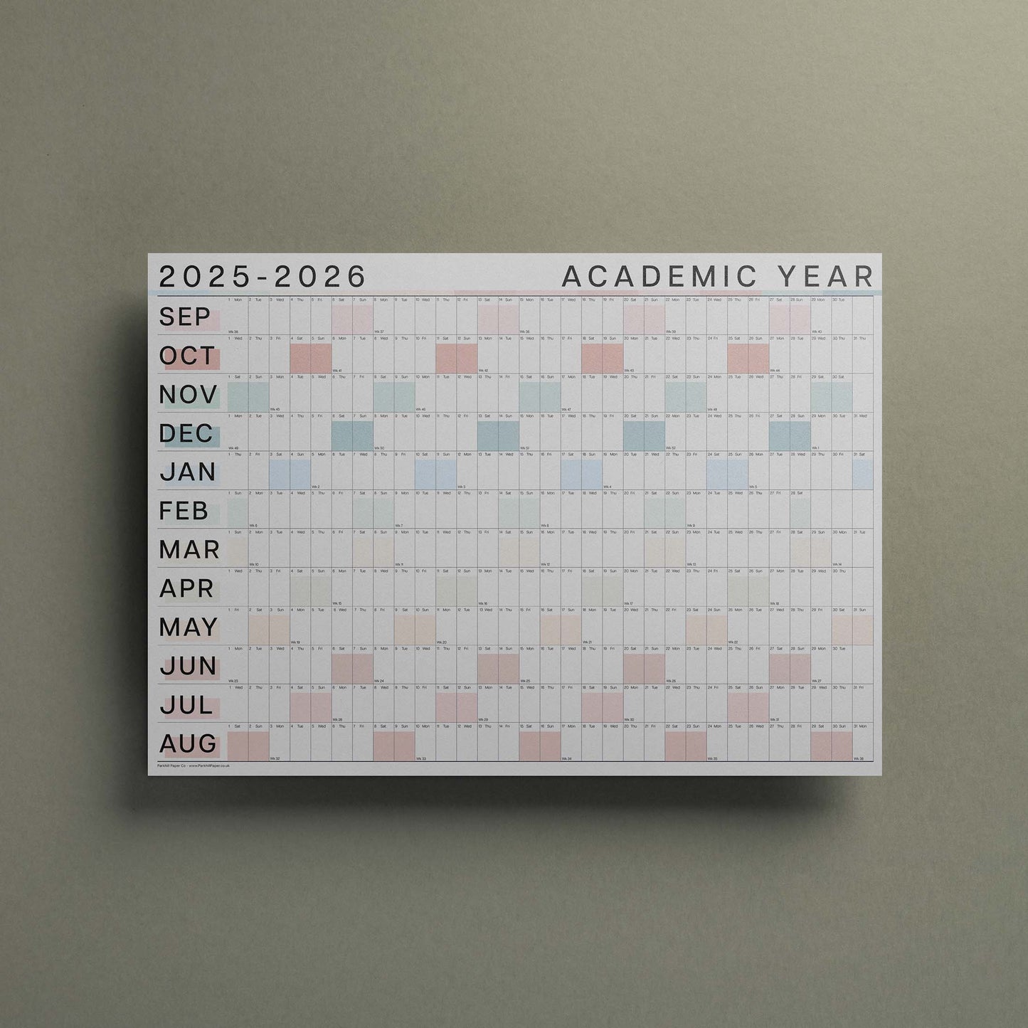 2025 - 2026 Large Academic Year Wall Planner, Pastel Colours