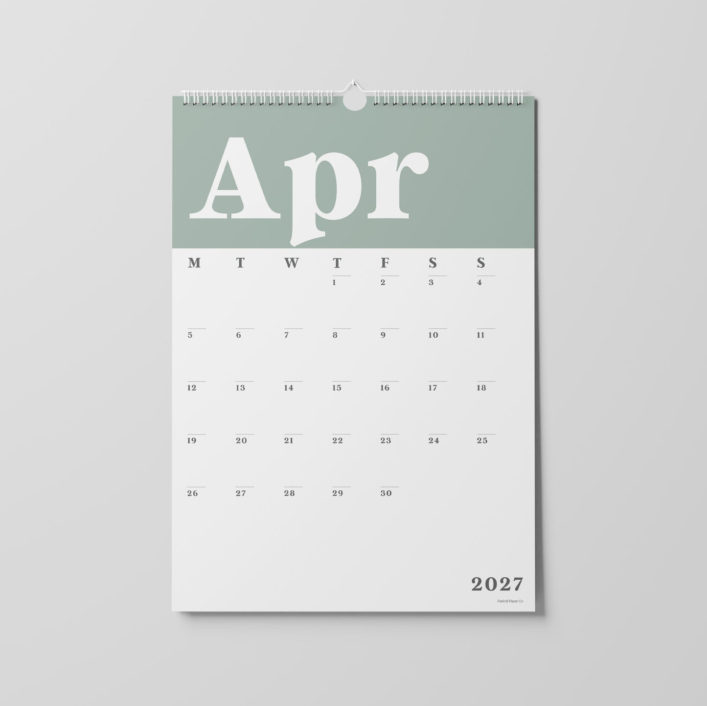 2027 A3 Wall Calendar, Green & White
