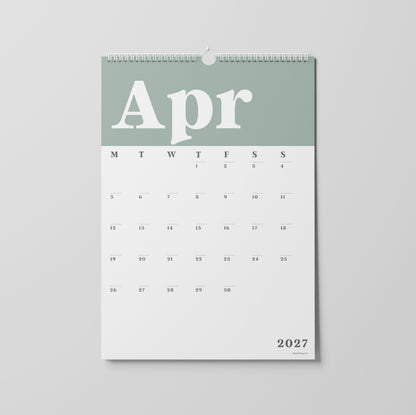2027 A3 Wall Calendar, Green & White