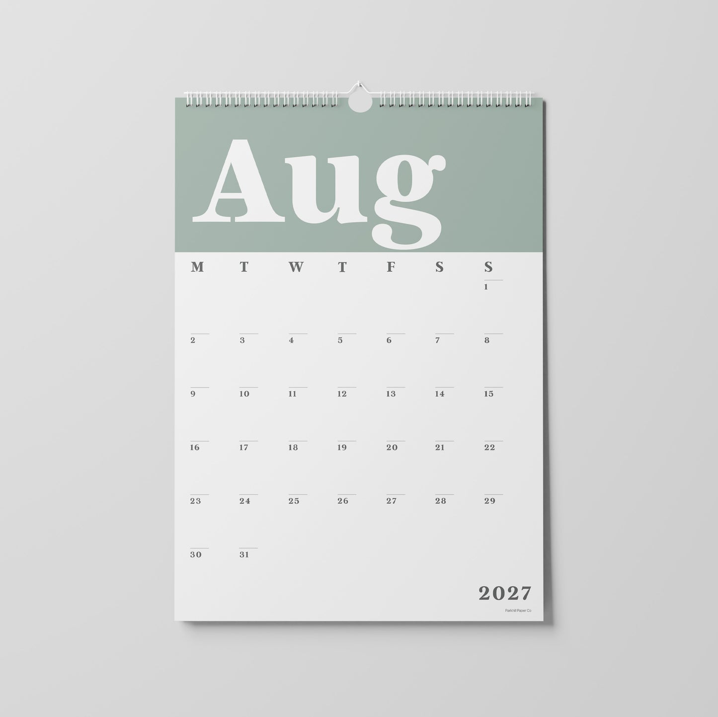 2027 A3 Wall Calendar, Green & White
