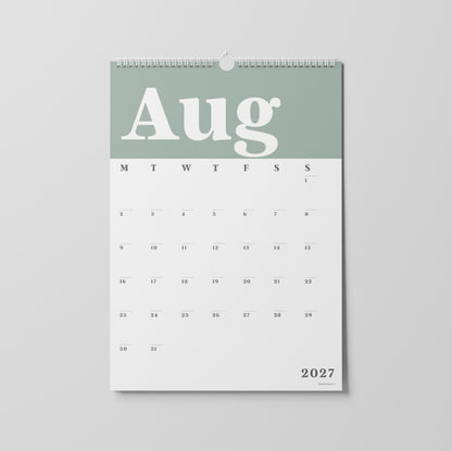 2027 A3 Wall Calendar, Green & White