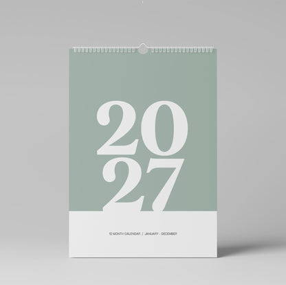 2027 A3 Wall Calendar, Green & White