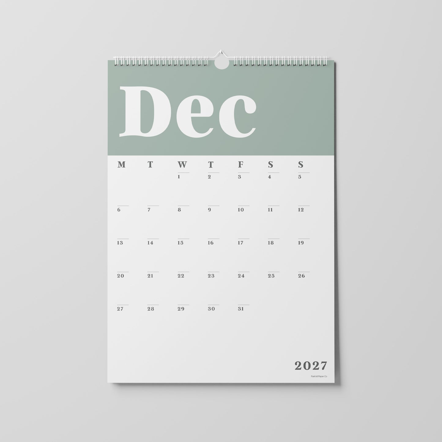2027 A3 Wall Calendar, Green & White