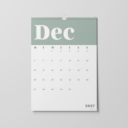 2027 A3 Wall Calendar, Green & White