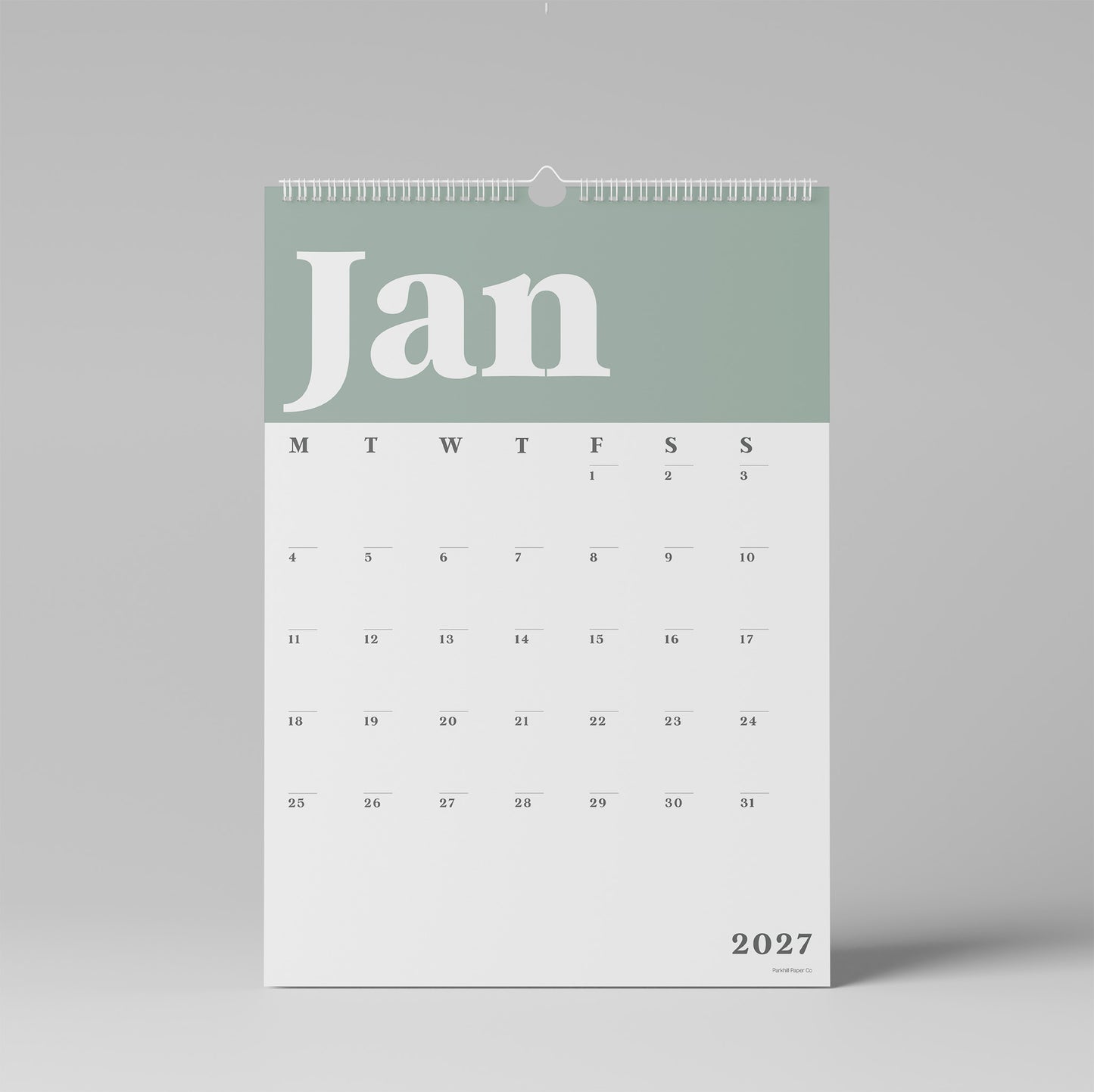 2027 A3 Wall Calendar, Green & White