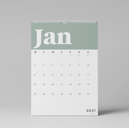 2027 A3 Wall Calendar, Green & White