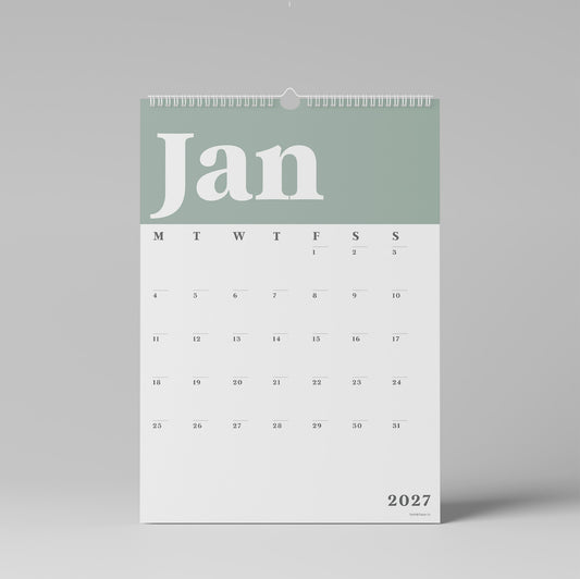 2027 A3 Wall Calendar, Green & White
