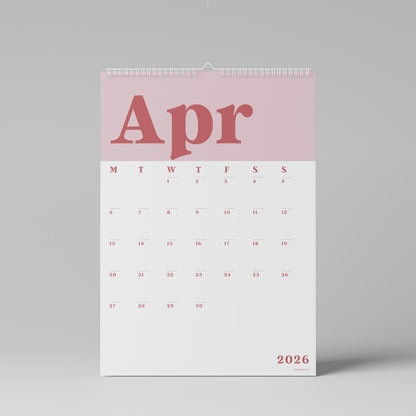 2026 Wall Calendar, Classic Pink and Red, A3