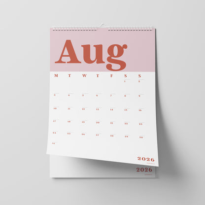2026 Wall Calendar, Classic Pink and Red, A3