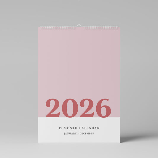 2026 Wall Calendar, Classic Pink and Red, A3