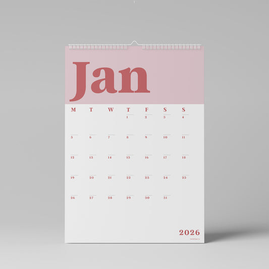 2026 Wall Calendar, Classic Pink and Red, A3
