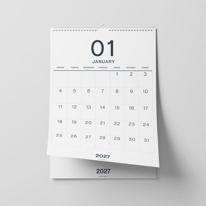 2026-2027 Wall Calendar, Black on White, Large Numbers, A3 Size