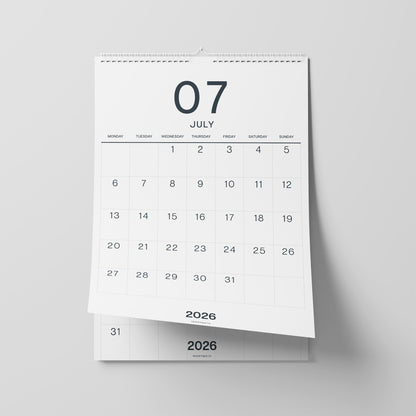 2026-2027 Wall Calendar, Black on White, Large Numbers, A3 Size
