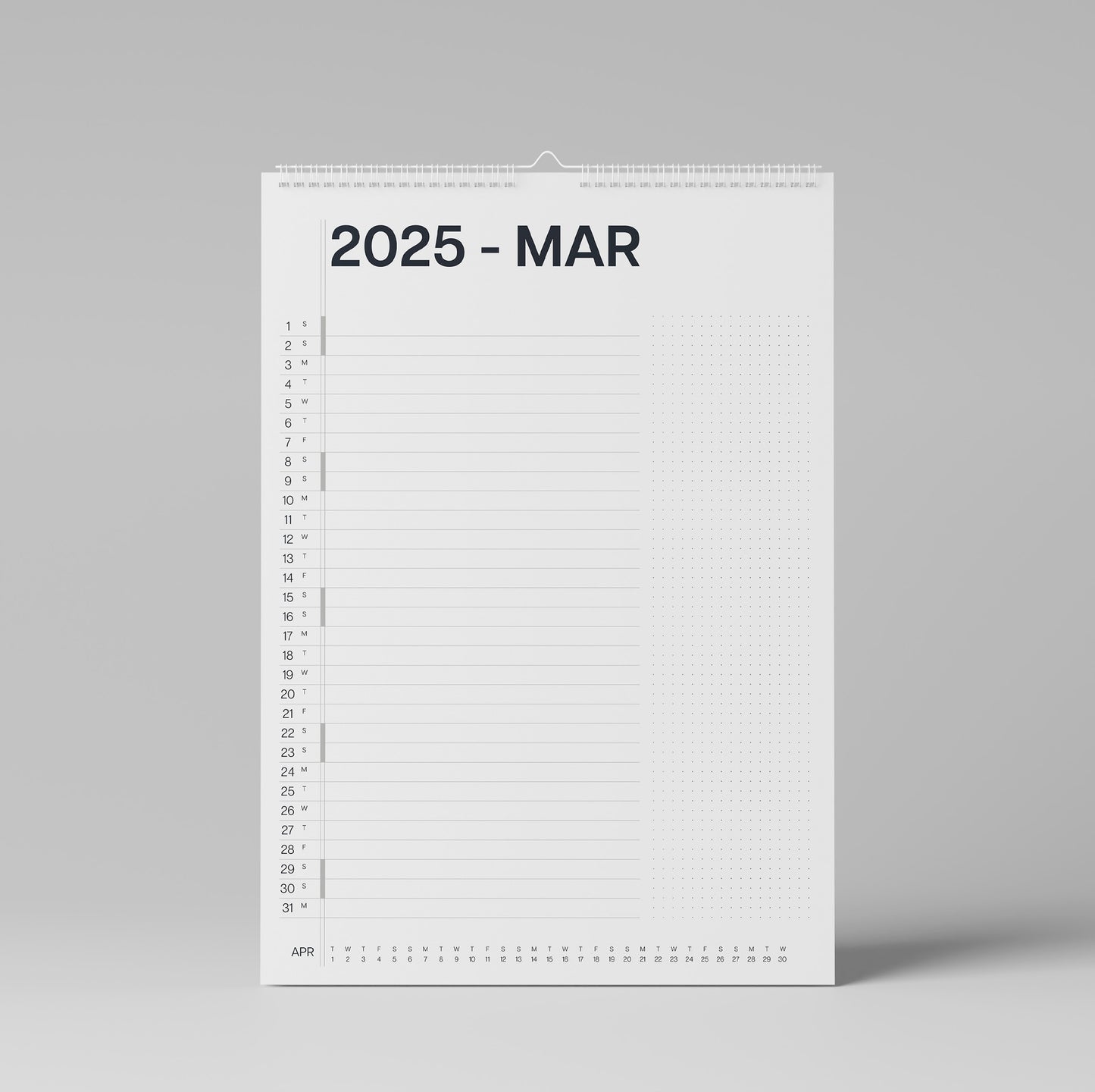 A3 Planning Calendar for 2025, Single Column and Dot Grid Section