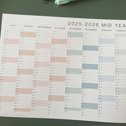 2025 - 2026 Mid Year Compact Wall Planner, for Home or Office