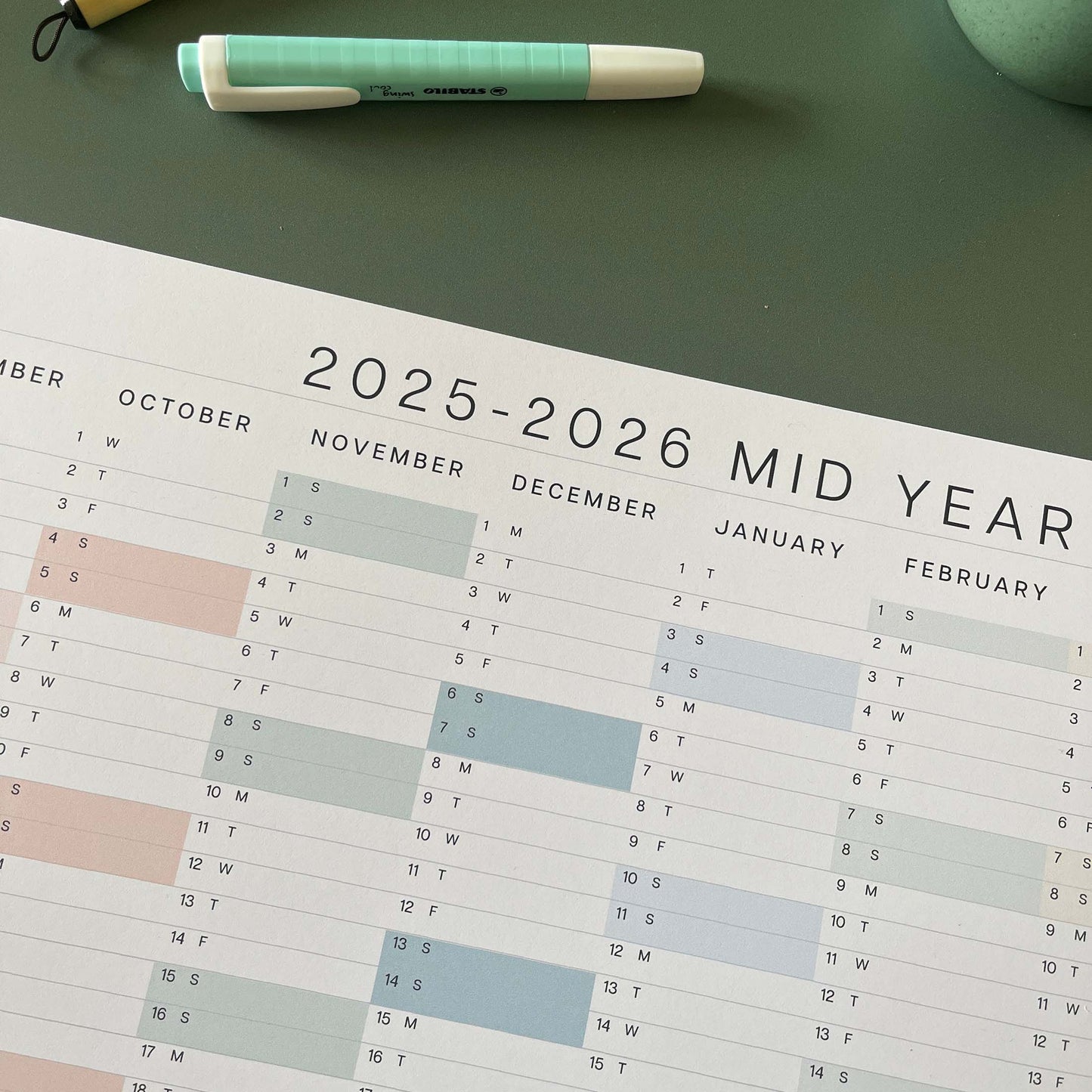 2025 - 2026 Mid Year Compact Wall Planner, for Home or Office