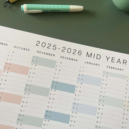 2025 - 2026 Mid Year Compact Wall Planner, for Home or Office