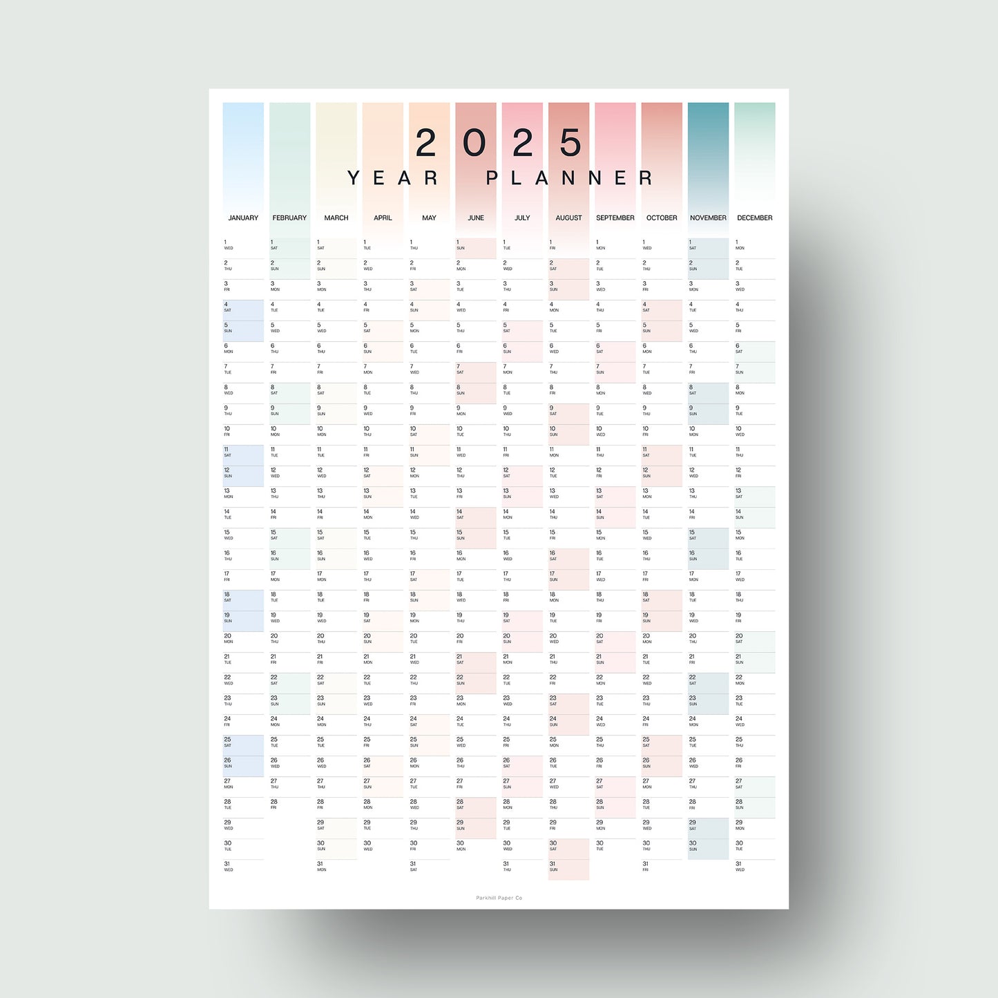 2025 and 2026 Coastal Colours Wall Planner