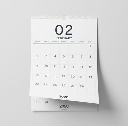 2026-2027 Wall Calendar, Black on White, Large Numbers, A3 Size