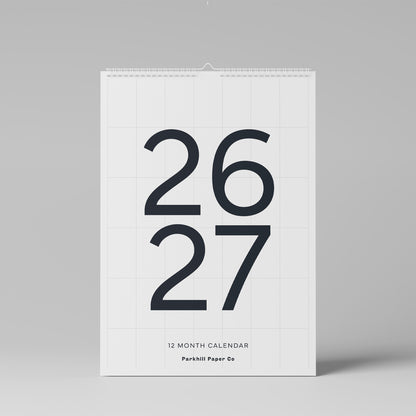 2026-2027 Wall Calendar, Black on White, Large Numbers, A3 Size