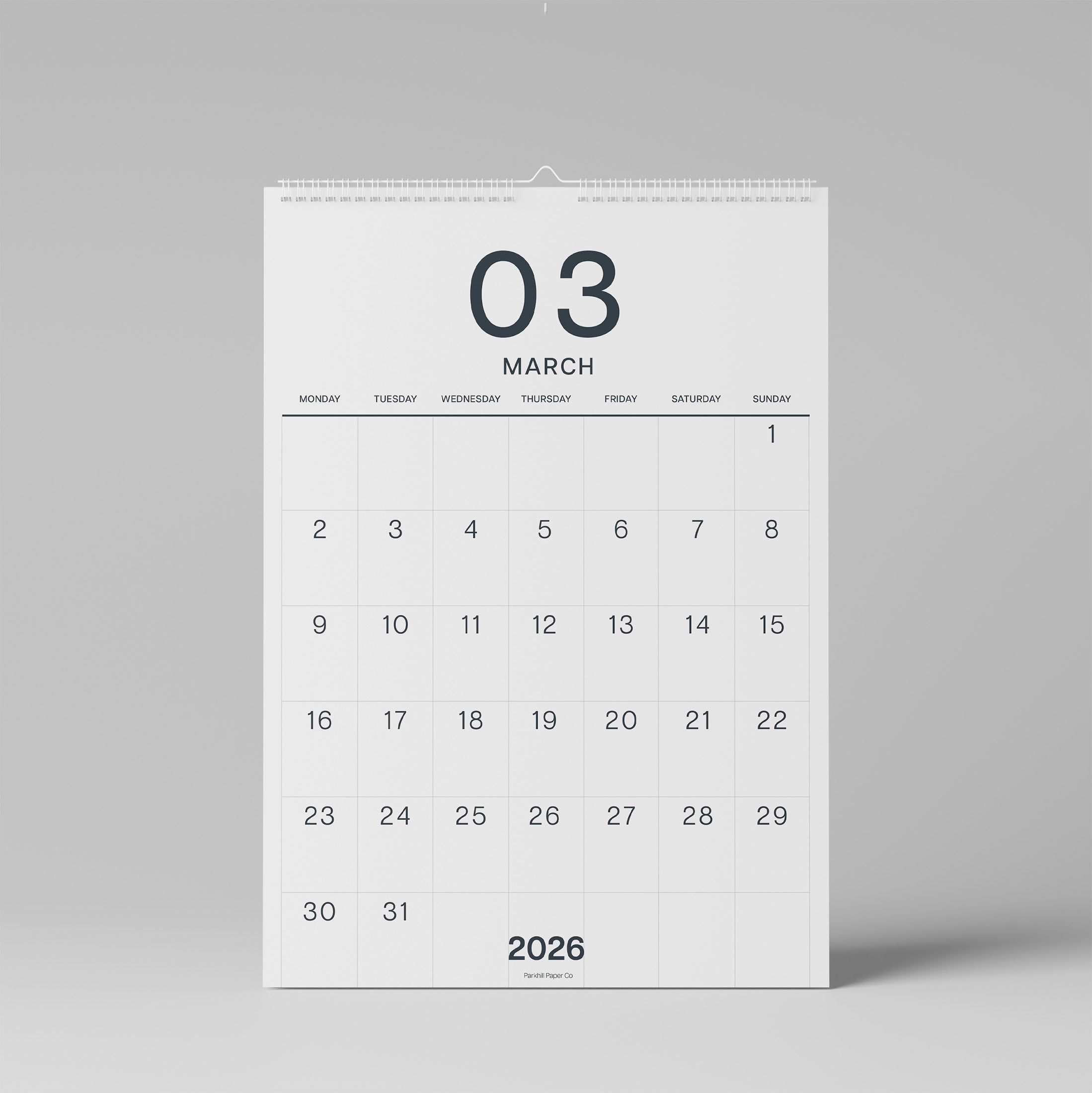 2026-2027 Wall Calendar, Black on White, Large Numbers, A3 Size