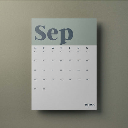 A3 Calendar Sheets – Classic Green, Monthly Planner 2025–2026, Individual Pages